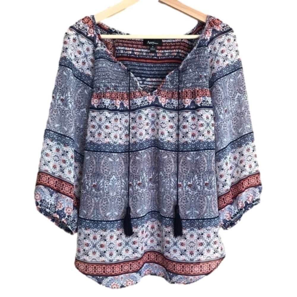 Amy Wear Semi-Sheer Smocked floral Print peasant Blouse Size medium